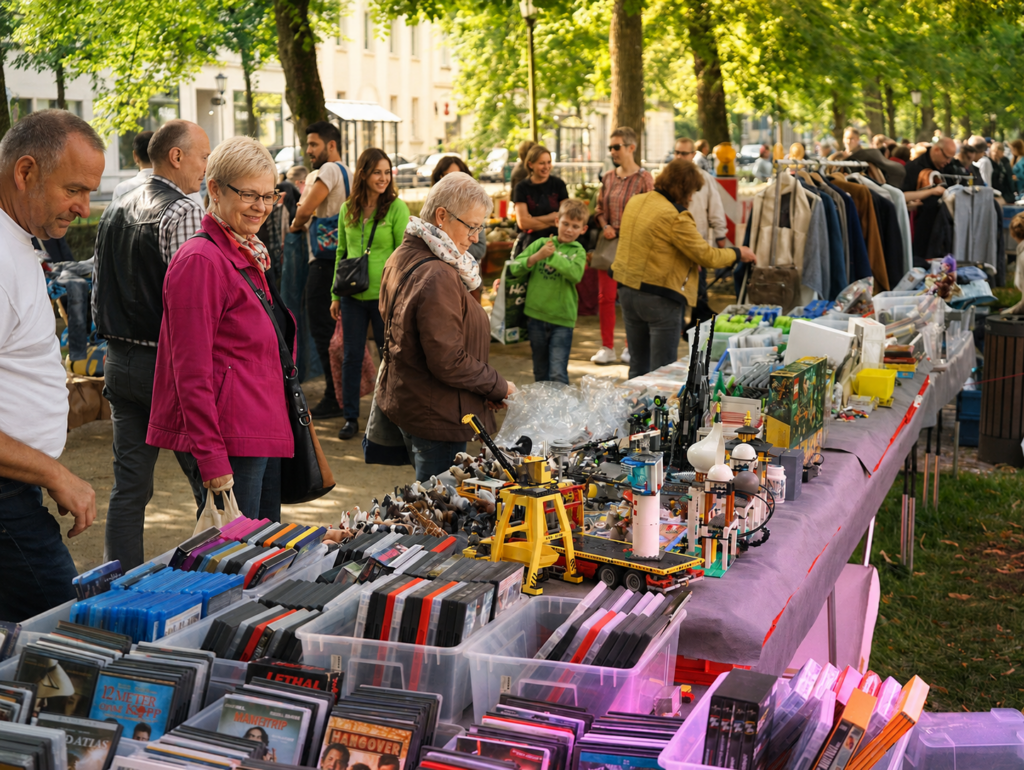 Shoppers browse tables of books, DVDs, and trinkets at an outdoor market on a sunny day.